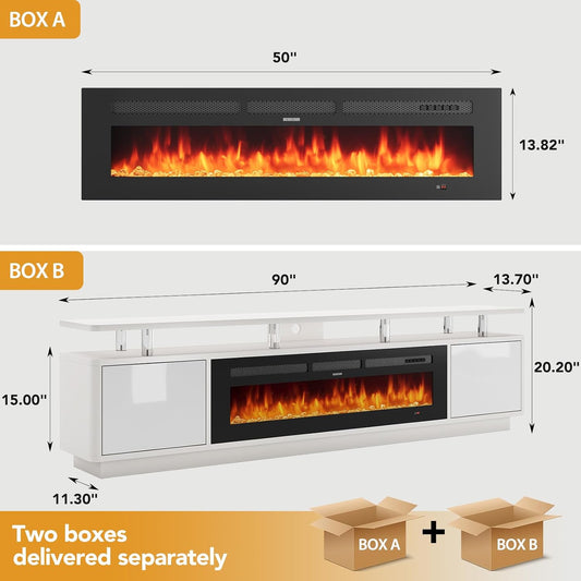 90" Fireplace TV Stand for TVs up to 100", 50" Electric Fireplace with Adjustable Flames & LED Lights, Storage Cabinet