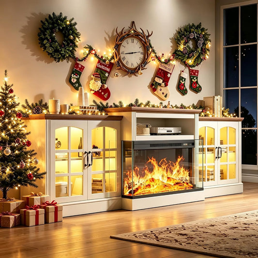 97" Fireplace TV Stand for TVs up to 100", 36" 3-Sided Electric Fireplace, White LED Entertainment Center with Adjustable Storage Cabinets
