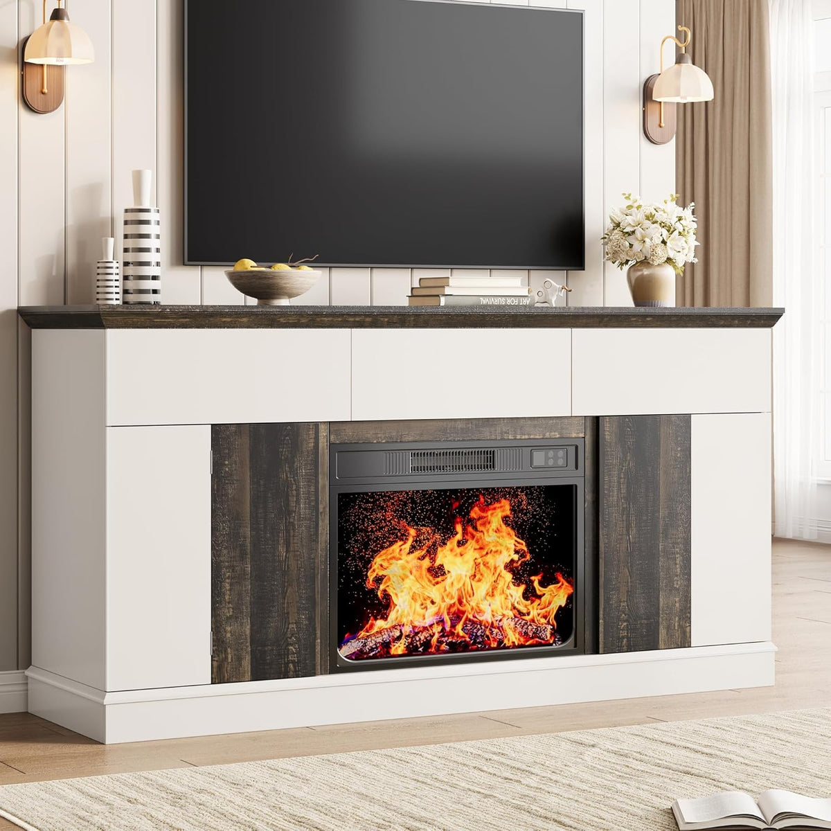 58" Electric Fireplace TV Stand for TVs up to 65" - Entertainment Center with 3 Drawers, 2 Cabinets & Press-to-Open Doors