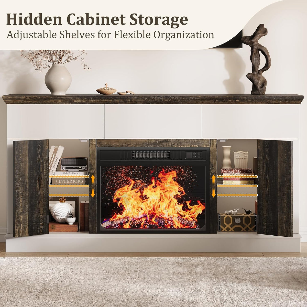58" Electric Fireplace TV Stand for TVs up to 65" - Entertainment Center with 3 Drawers, 2 Cabinets & Press-to-Open Doors
