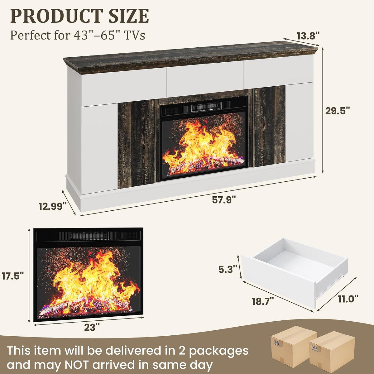 58" Electric Fireplace TV Stand for TVs up to 65" - Entertainment Center with 3 Drawers, 2 Cabinets & Press-to-Open Doors