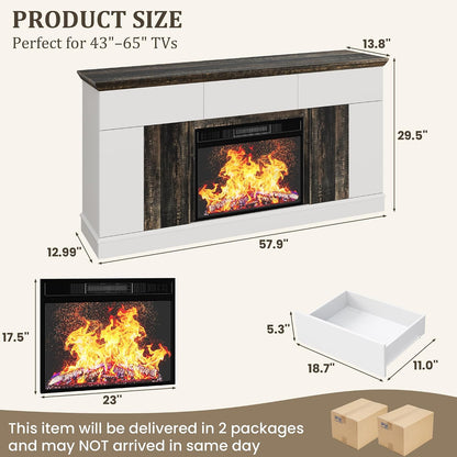 58" Electric Fireplace TV Stand for TVs up to 65" - Entertainment Center with 3 Drawers, 2 Cabinets & Press-to-Open Doors