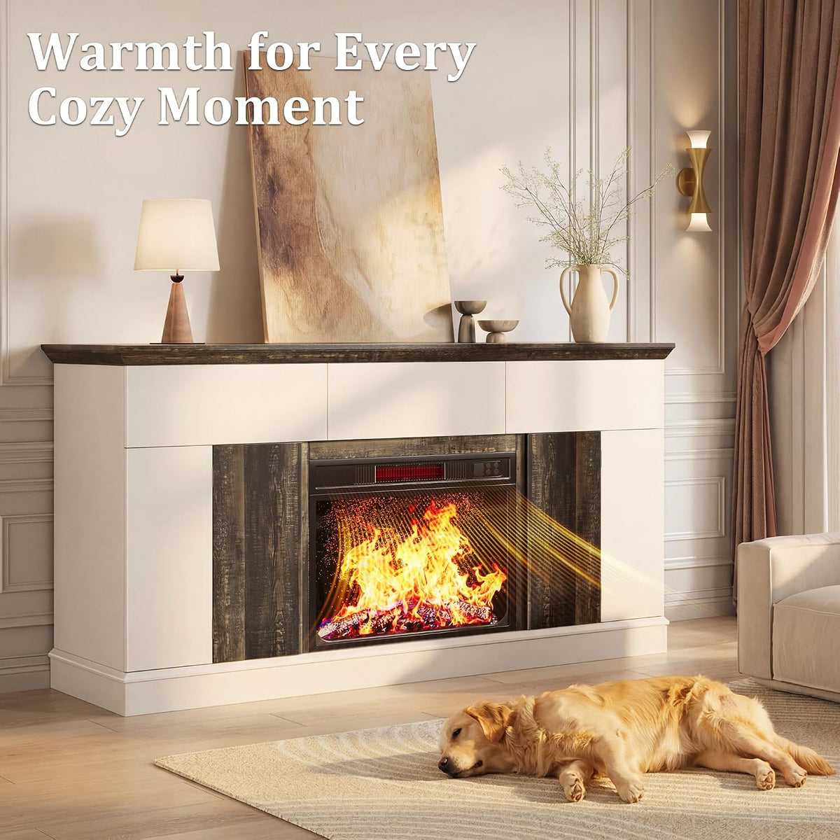 58" Electric Fireplace TV Stand for TVs up to 65" - Entertainment Center with 3 Drawers, 2 Cabinets & Press-to-Open Doors