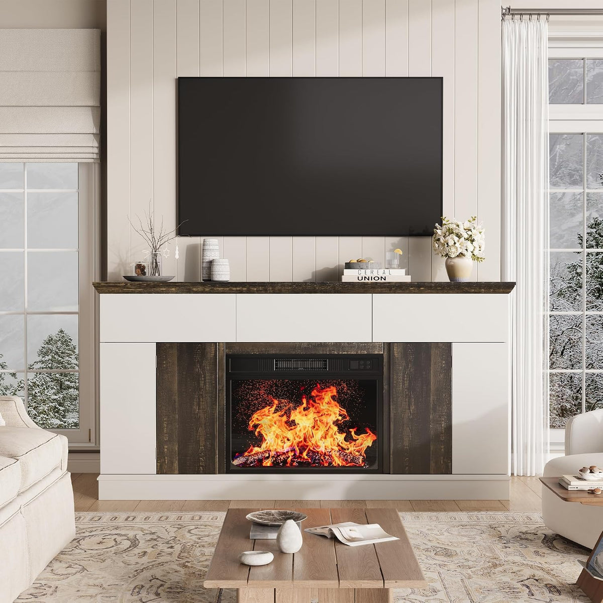 58" Electric Fireplace TV Stand for TVs up to 65" - Entertainment Center with 3 Drawers, 2 Cabinets & Press-to-Open Doors