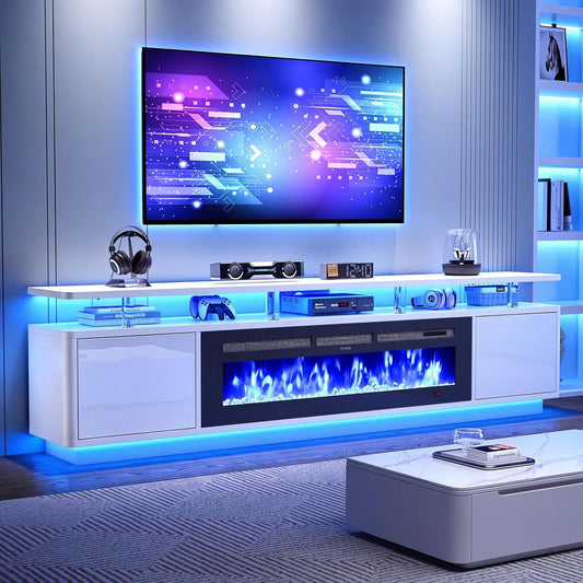 90" Fireplace TV Stand for TVs up to 100", 50" Electric Fireplace with Adjustable Flames & LED Lights, Storage Cabinet