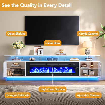 90" Fireplace TV Stand for TVs up to 100", 50" Electric Fireplace with Adjustable Flames & LED Lights, Storage Cabinet
