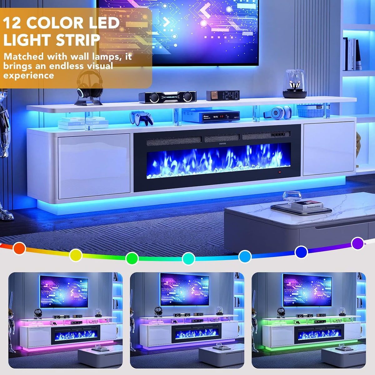 90" Fireplace TV Stand for TVs up to 100", 50" Electric Fireplace with Adjustable Flames & LED Lights, Storage Cabinet