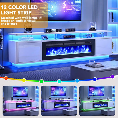 90" Fireplace TV Stand for TVs up to 100", 50" Electric Fireplace with Adjustable Flames & LED Lights, Storage Cabinet
