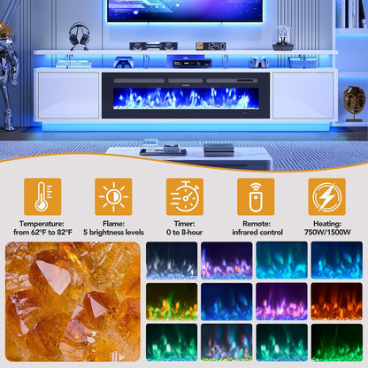 90" Fireplace TV Stand for TVs up to 100", 50" Electric Fireplace with Adjustable Flames & LED Lights, Storage Cabinet