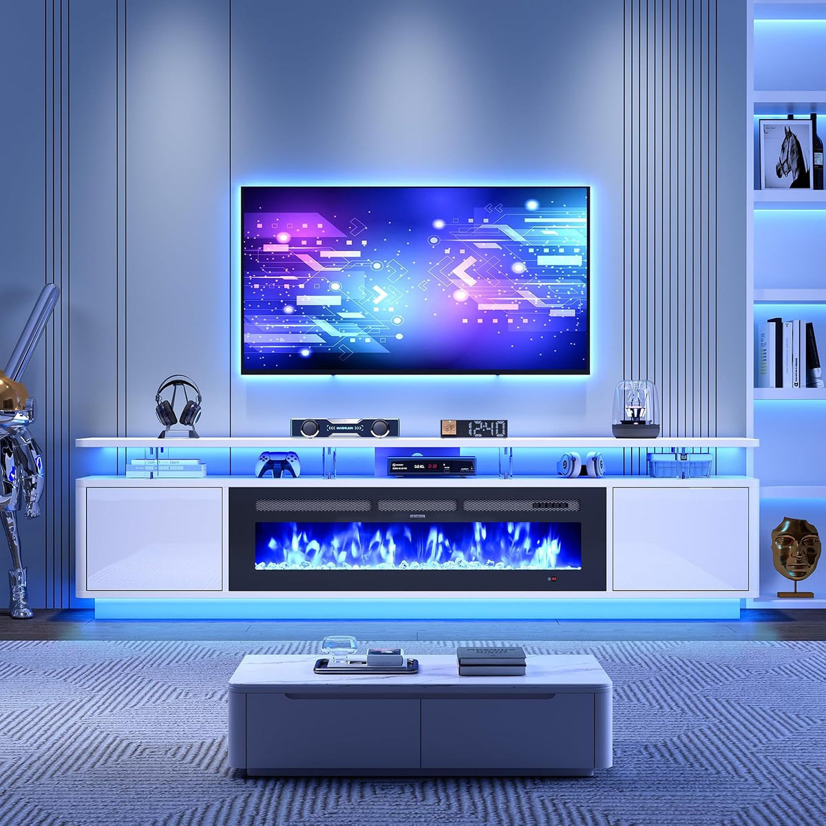 90" Fireplace TV Stand for TVs up to 100", 50" Electric Fireplace with Adjustable Flames & LED Lights, Storage Cabinet