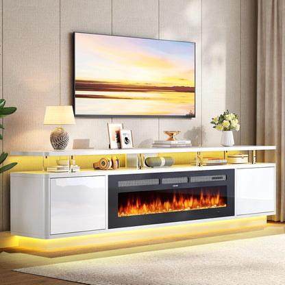 90" Fireplace TV Stand for TVs up to 100", 50" Electric Fireplace with Adjustable Flames & LED Lights, Storage Cabinet