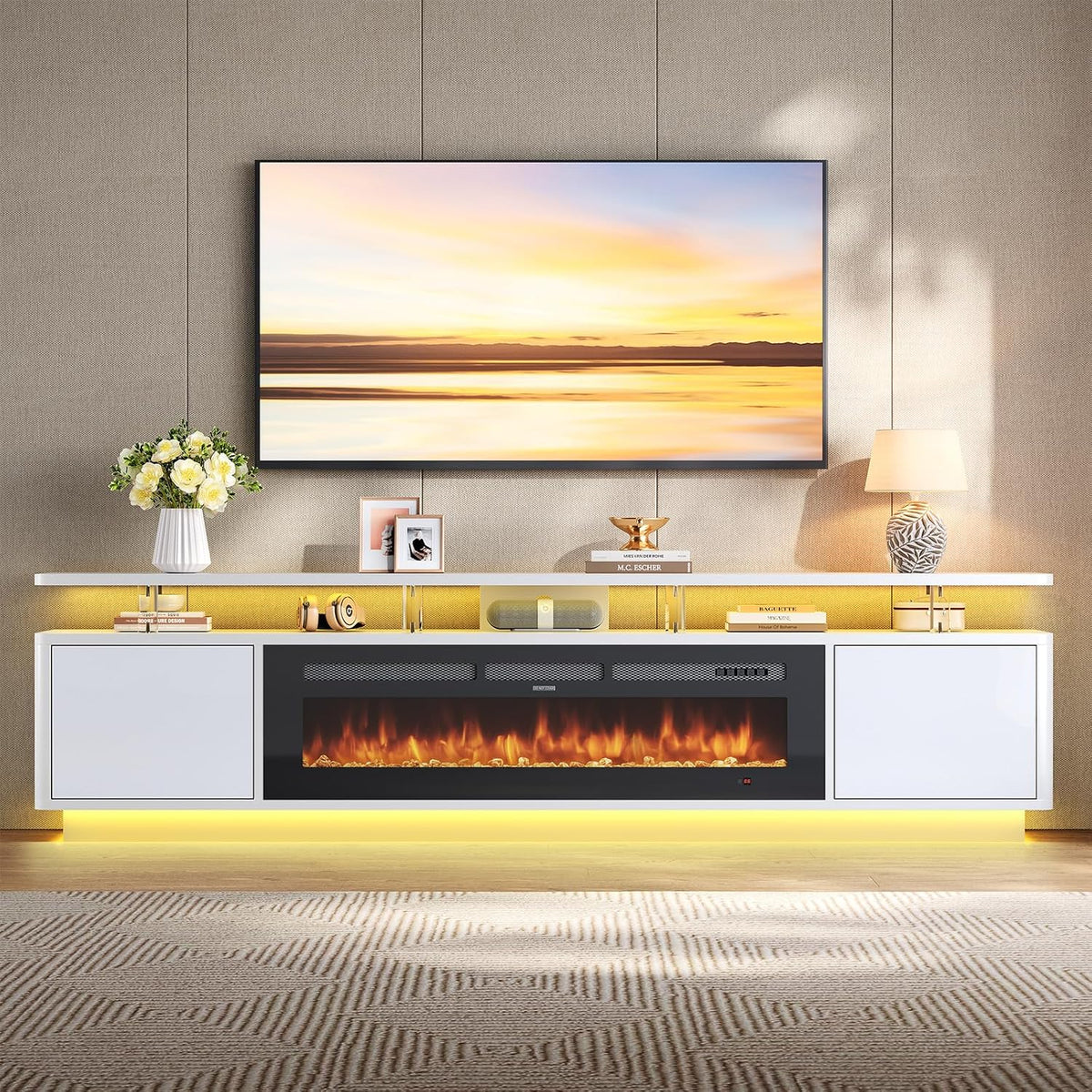 90" Fireplace TV Stand for TVs up to 100", 50" Electric Fireplace with Adjustable Flames & LED Lights, Storage Cabinet