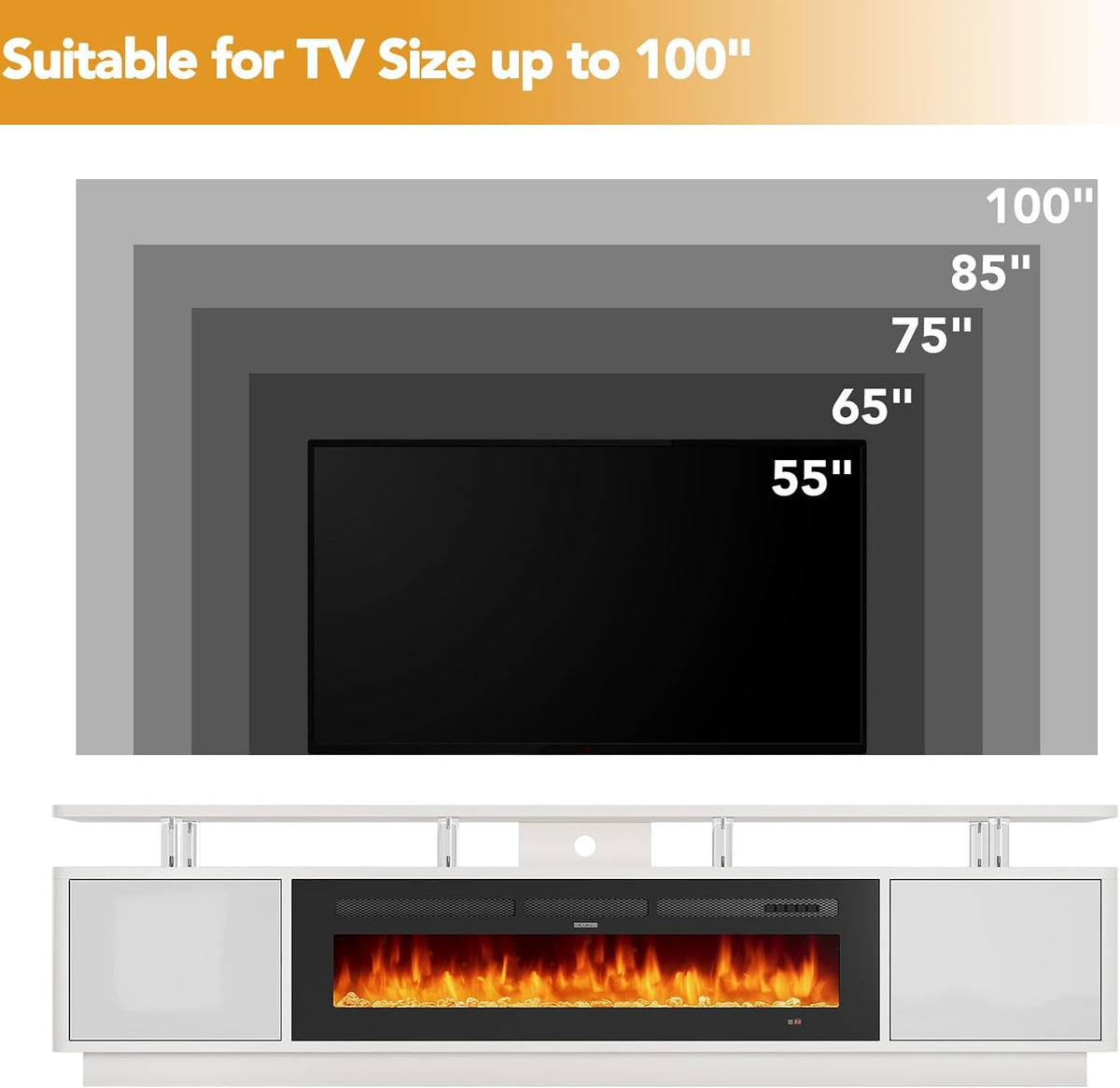 90" Fireplace TV Stand for TVs up to 100", 50" Electric Fireplace with Adjustable Flames & LED Lights, Storage Cabinet