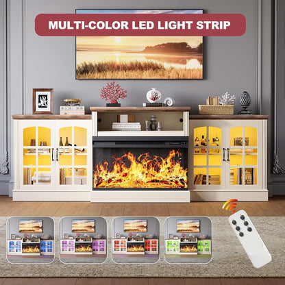 97" Fireplace TV Stand for TVs up to 100", 36" 3-Sided Electric Fireplace, White LED Entertainment Center with Adjustable Storage Cabinets