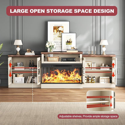 97" Fireplace TV Stand for TVs up to 100", 36" 3-Sided Electric Fireplace, White LED Entertainment Center with Adjustable Storage Cabinets