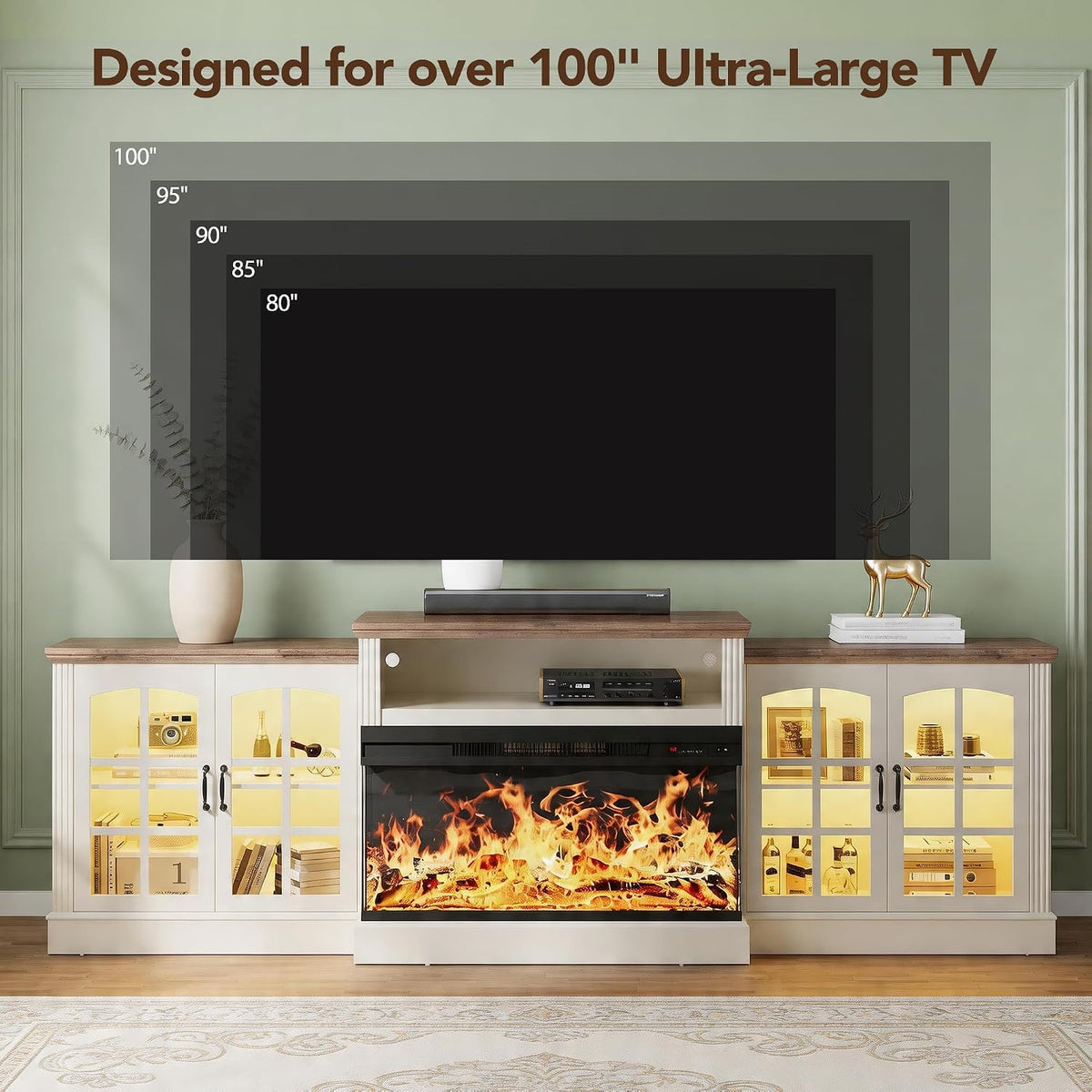 97" Fireplace TV Stand for TVs up to 100", 36" 3-Sided Electric Fireplace, White LED Entertainment Center with Adjustable Storage Cabinets