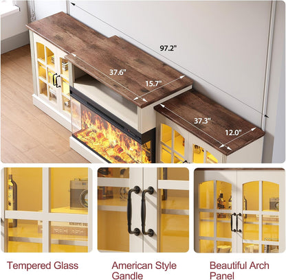 97" Fireplace TV Stand for TVs up to 100", 36" 3-Sided Electric Fireplace, White LED Entertainment Center with Adjustable Storage Cabinets