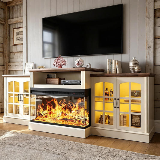 97" Fireplace TV Stand for TVs up to 100", 36" 3-Sided Electric Fireplace, White LED Entertainment Center with Adjustable Storage Cabinets