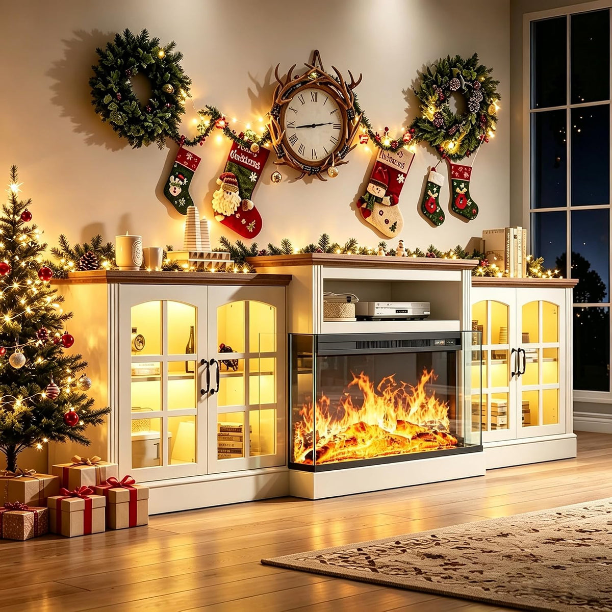 97" Fireplace TV Stand for TVs up to 100", 36" 3-Sided Electric Fireplace, White LED Entertainment Center with Adjustable Storage Cabinets