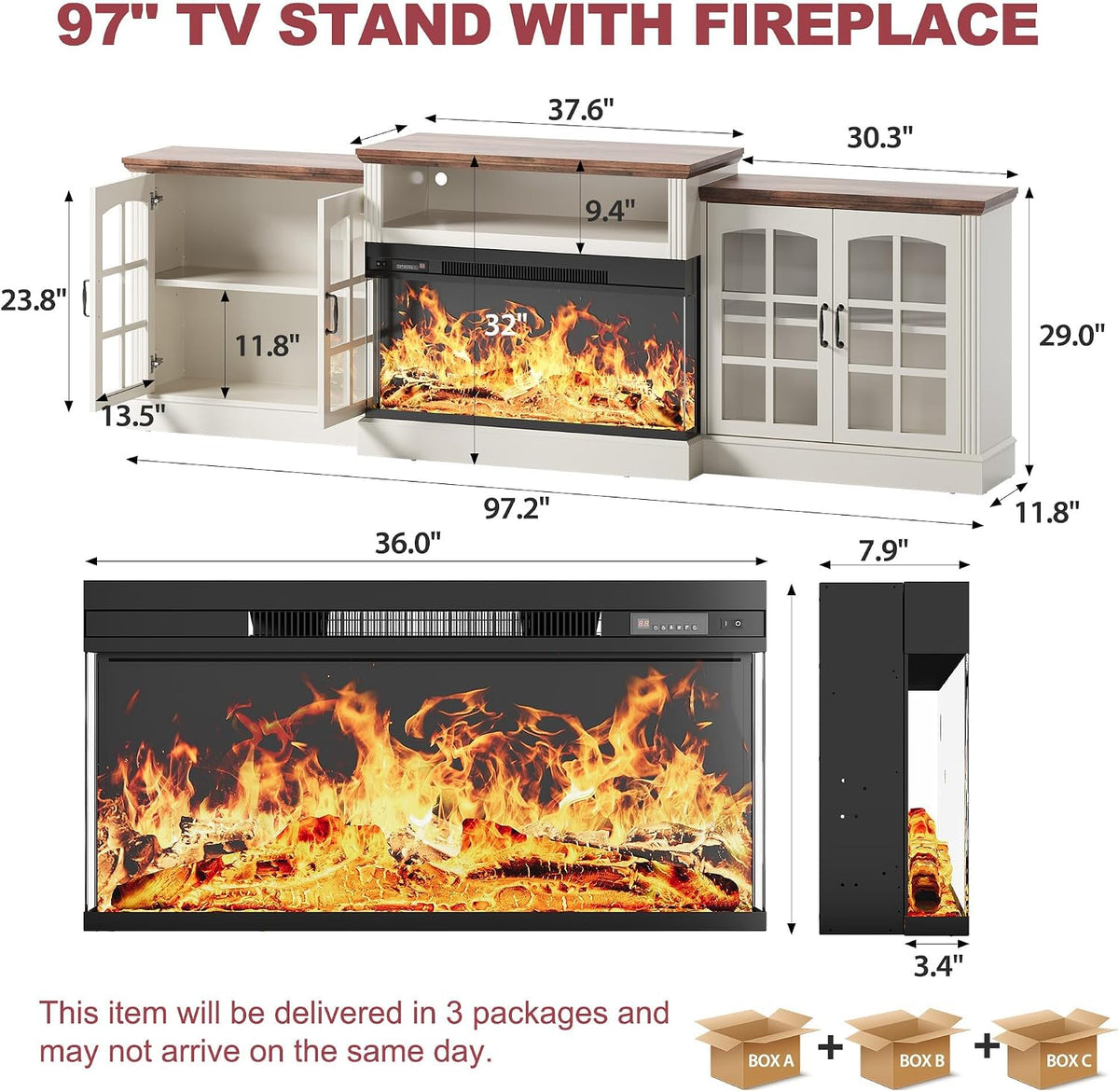 97" Fireplace TV Stand for TVs up to 100", 36" 3-Sided Electric Fireplace, White LED Entertainment Center with Adjustable Storage Cabinets