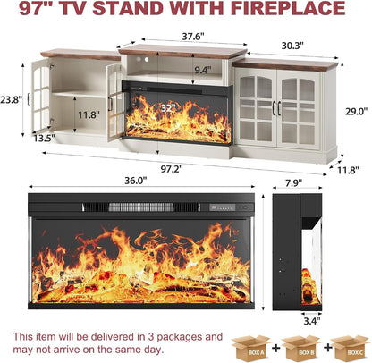 97" Fireplace TV Stand for TVs up to 100", 36" 3-Sided Electric Fireplace, White LED Entertainment Center with Adjustable Storage Cabinets