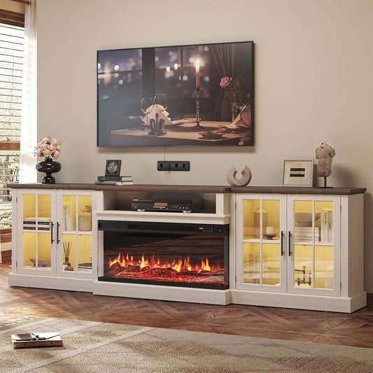 Farmhouse TV Stand with Fireplace for TVs up to 100", 98" Media Entertainment Center with Adjustable Shelves & Storage Cabinets