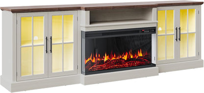 Farmhouse TV Stand with Fireplace for TVs up to 100", 98" Media Entertainment Center with Adjustable Shelves & Storage Cabinets