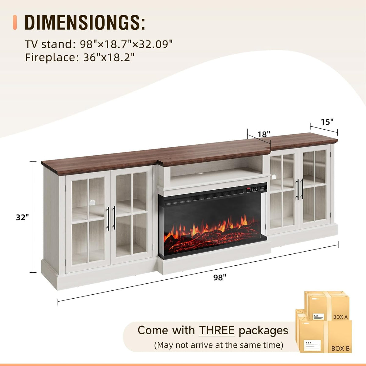 Farmhouse TV Stand with Fireplace for TVs up to 100", 98" Media Entertainment Center with Adjustable Shelves & Storage Cabinets