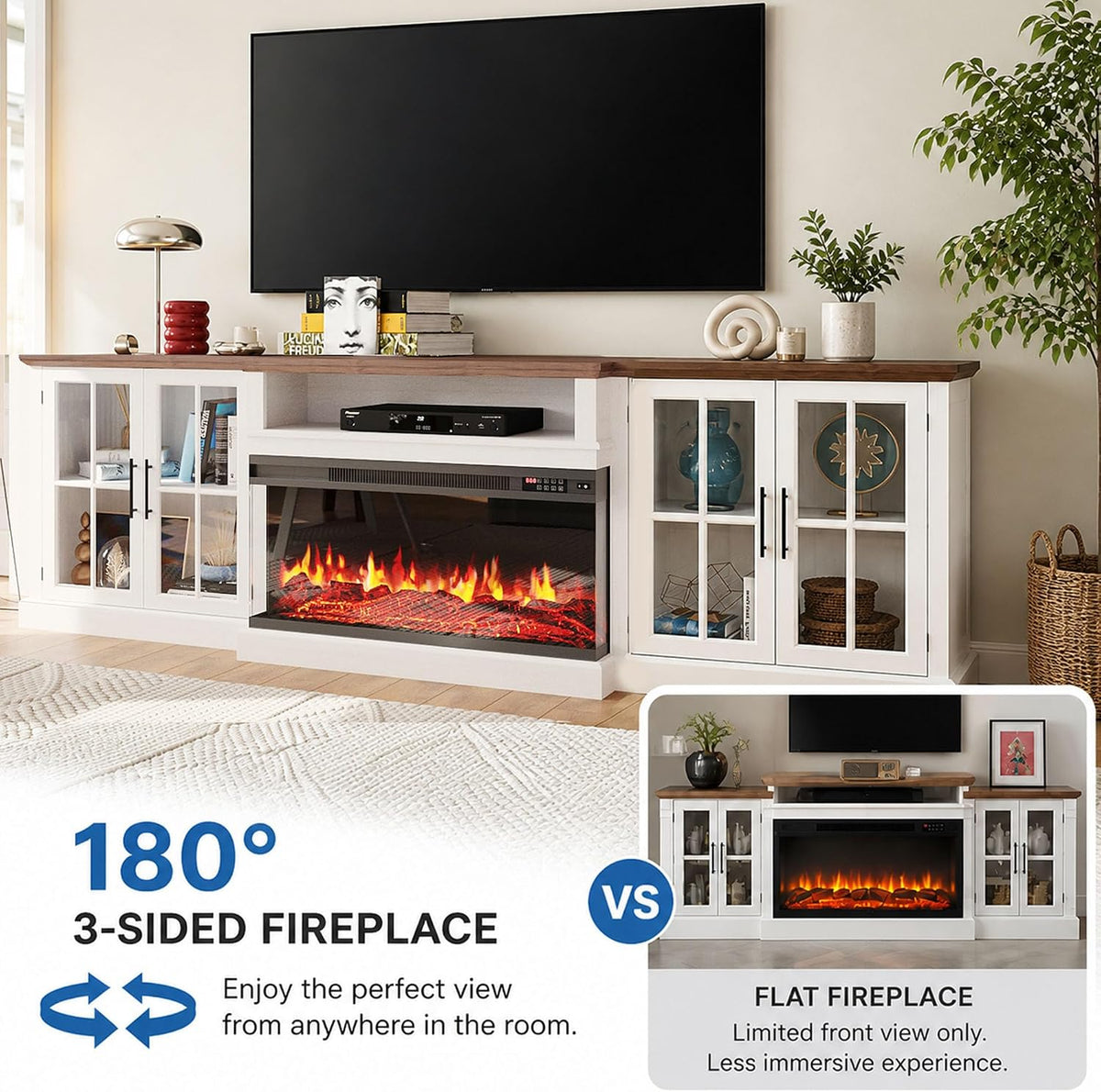 Farmhouse TV Stand with Fireplace for TVs up to 100", 98" Media Entertainment Center with Adjustable Shelves & Storage Cabinets