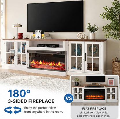 Farmhouse TV Stand with Fireplace for TVs up to 100", 98" Media Entertainment Center with Adjustable Shelves & Storage Cabinets