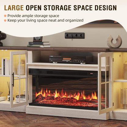 Farmhouse TV Stand with Fireplace for TVs up to 100", 98" Media Entertainment Center with Adjustable Shelves & Storage Cabinets