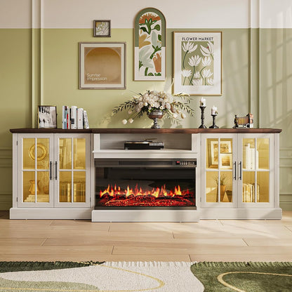 Farmhouse TV Stand with Fireplace for TVs up to 100", 98" Media Entertainment Center with Adjustable Shelves & Storage Cabinets